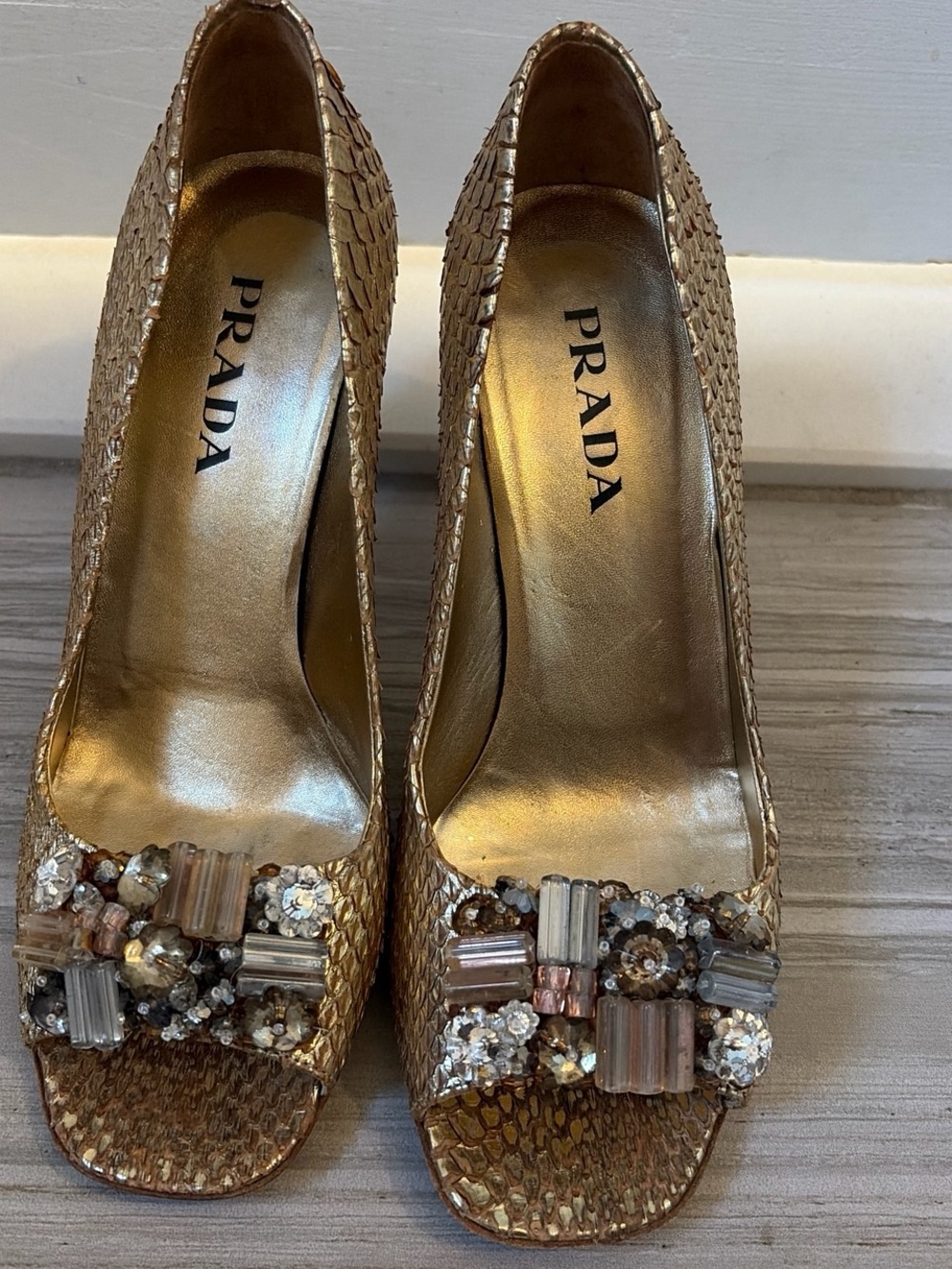 Vintage Prada Snakeskin Heels with Crystal Accents